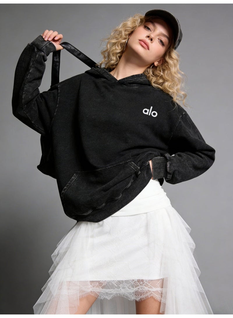 Alo Men's and Women's Washed Black Super Large Hoodie - Retro Fading Cotton Hoodie with Minimalist Logo and Kangaroo Pocket, Suitable for Both Men and Women, Heavy Cotton Up to 400g, Thick and Warm - Image 2